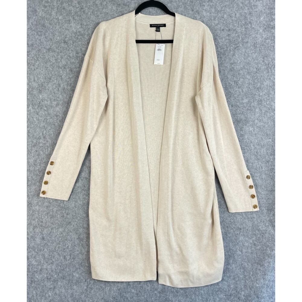 Banana Republic Long Cardigan Womens Large Ivory Open Front Ribbed Knit NWT